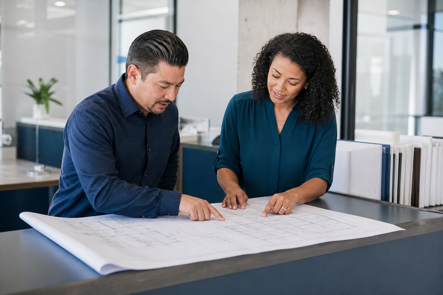 A city plan reviewer and an applicant discussing an architectural drawing