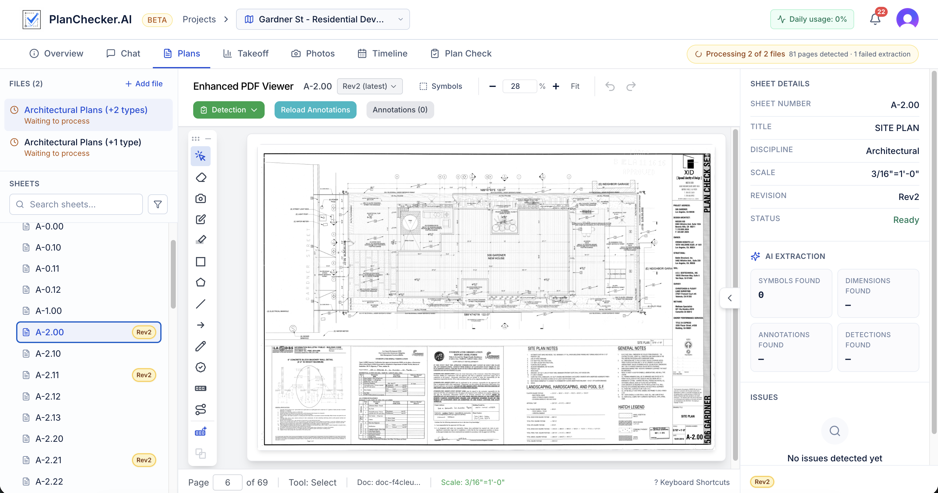 PlanChecker.AI project overview with plans, permits, and processing status